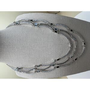 Napier Triple Strand Silver Tone Necklace with Blue and Black Rhinestones  E4